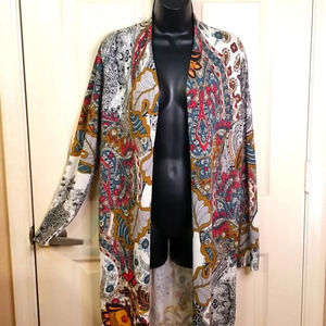 Chicos Art-to-Wear Reversible Paisley Print Open Front Kimono Duster Sz 1 (8-10)
